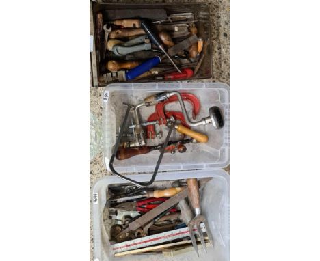 3 CARTONS OF MISC HAND TOOLS,FILES, SCREW DRIVERS, BRACES, CLAMPS