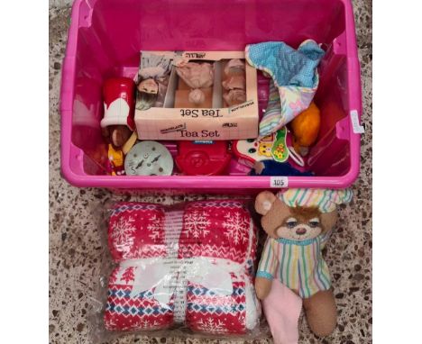 CARTON OF MISC CHILDREN'S TOYS, AN ALARM CLOCK, TEDDY BEAR, TEA SET &amp; FAIR ISLE THROW