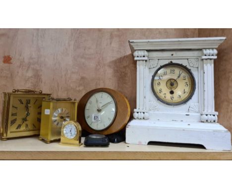 2 MODERN CARRIAGE CLOCK,  WHITE PAINTED MANTEL CLOCK, WOOD FRAMED METAMEC &amp; 2 OTHERS