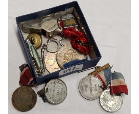 SMALL TUB OF EFFICIENCY MEDALS, 1977 JUBILEE COINS, A WHITSLE &amp; SMALL KEY CHAIN POCKET KNIFE