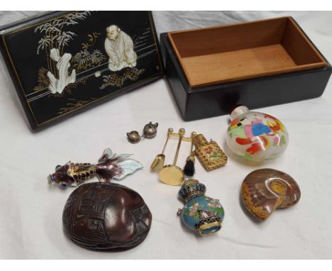 M.O.P INLAID ORIENTAL BOX WITH ENAMEL ARTICULATED FISH, GOLD COLOURED SCENT POT, RESIN STERAB WITH HYROGLIFICS 