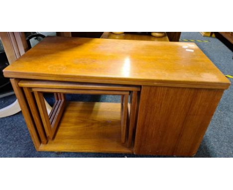 VINTAGE McINTOSH COFFEE TABLE / NESTING TABLE STYLE BEING TRISTOR, TOP REVOLVES TO MAKE TABLE, 2 NESTING TABLES, CABINET TO O