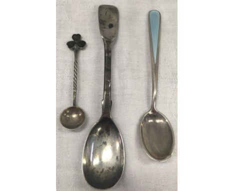 A VICTORIAN SILVER EGG SPOON 1845, A NORWEGIAN ENAMEL SPOON ETC
