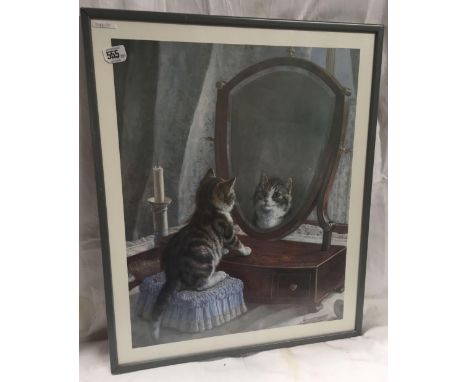 COLOUR PRINT OF A KITTEN LOOKING INTO A MIRROR, SIGNED F PATON 1883 