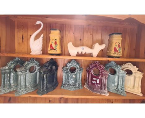 SHELF OF CERAMIC CLOCK CASES &amp; CHINA VASES ETC