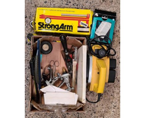 TCL POWER PLANE &amp; A CARTON WITH CLAMPS, BATHROOM TAPS &amp; OTHER TOOLS