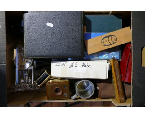 A mixed collection of items to include a domed carriage clock, Brownie  camera, game sets, boxed spoon set etc 