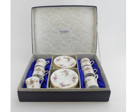 Vintage boxed Aynsley set of coffee cans and saucers in the Grotto Rose design 
