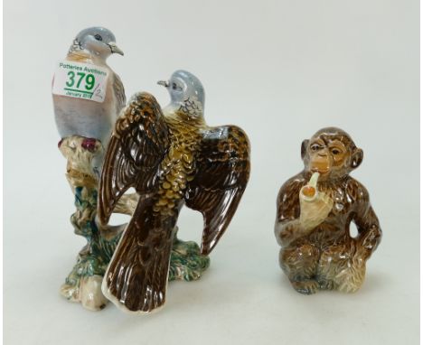 Beswick Turtle Doves 1022 ( two wings broken and reglued) together with a monkey smoking a pipe 1049 (2) 