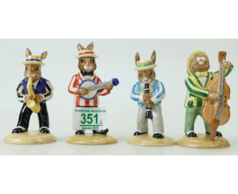 Royal Doulton Bunnykin Uk.I.C Banjo DB182, Saxophone DB186, Doulbe Bass DB185, Clarinet DB184 from the Jazz Band collection. 