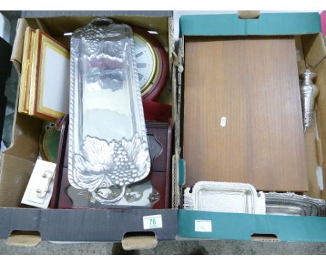 A collection of silver plate butter dishes, tray cutlery set together with pictures, jewellery box wall clock etc (2 trays) 