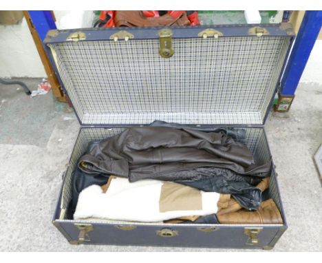 A large collection of vintage leather &amp; PVC type casual jackets, coats in navy style traveling trunk 