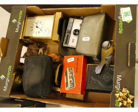 A mixed collection to include vintage cameras Kodak, Olympus, folding opera glasses, Quartz mantle clock pair of brass candle