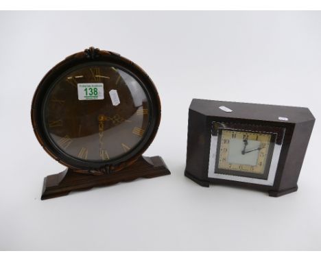 Art Deco Smith round mantle clock and similar oak items (both electric) (2) 