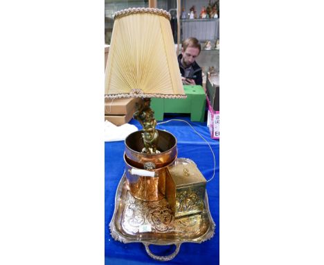 Viners silver plated large handled serving tray together with copper pots, brass tea caddy and similar lamp in form of Cherub