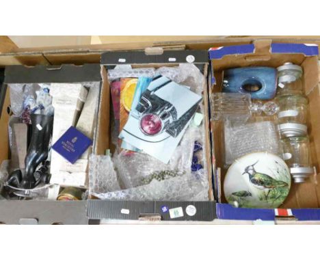 A mixed collection of items to include modern framed prints, glass ware, decanter, stone award obelisk, Royal Worcester boxed