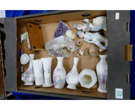 A mixed collection of ceramic items including Aynsley Little Sweetheart vases, novelty lead houses, continental figures etc 
