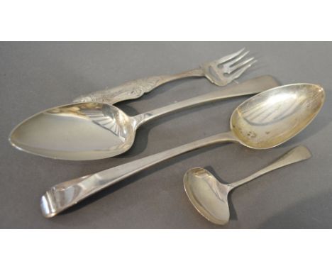 A Pair of George III Silver Table Spoons, London 1778, together with a continental white metal fork and a Sheffield silver Ch