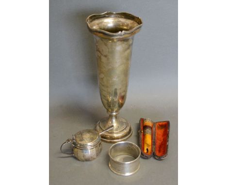 A Birmingham Silver Spill Vase together with a Birmingham Silver Mustard, a Silver Napkin Ring and an Amber Silver Mounted Ch