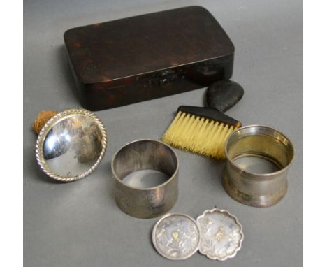 A Birmingham Silver Napkin Ring together with another similar, an Oriental white metal brooch, a silver plated stopper and a 