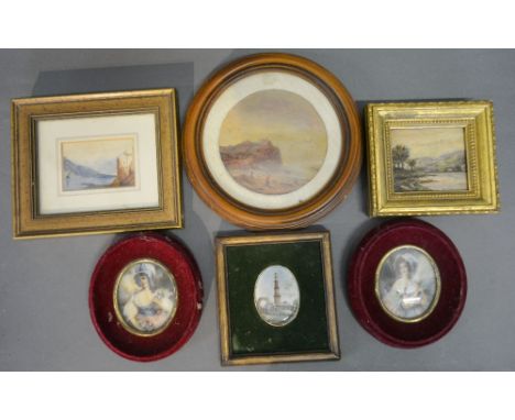 A Late 19th Early 20th Century Miniature 'The Leaning Tower of Pisa' together with a pair of oval portrait miniatures of Ladi