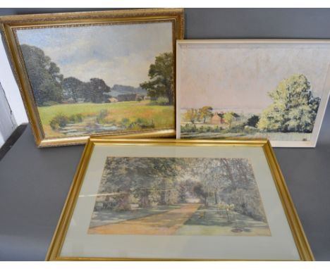 Phillipa Bosworth 'Summer Garden Setting' Watercolour, 30 x 50 cms, together with two other pictures and an 18th Century Plan