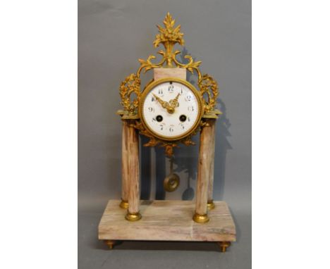 A 19th Century French Variegated Marble and Gilt Metal Mounted Portico Clock, the enamel dial with Arabic numerals and twin t