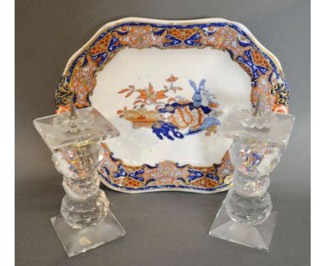 A Pair of Swarovski Glass Candlesticks and a 19th Century Spode Small Dish