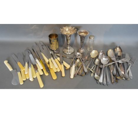 Two Silver Plated Spill Vases together with a small collection of silver plate to include flatware