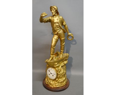 A 19th Century Gilded Large Mantle Clock retailed by J.W. Benson Ltd. in the form of a Lifeguard standing on a Boat, the enam