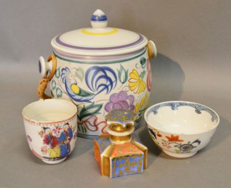 An 18th Century Chinese Porcelain Tea Bowl together with a similar cup, a Paris porcelain scent bottle and a Poole Pottery bi