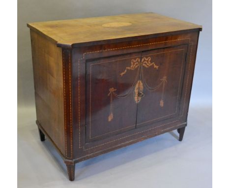 A 19th Century Dutch Marquetry Inlaid Commode retailed by Williamson and Sons, Guildford, the shell inlaid top above two door
