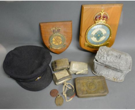 A First World War Queen Mary Christmas Tin, together with a lead covered box, battle related, two RAF Squadron badges and oth
