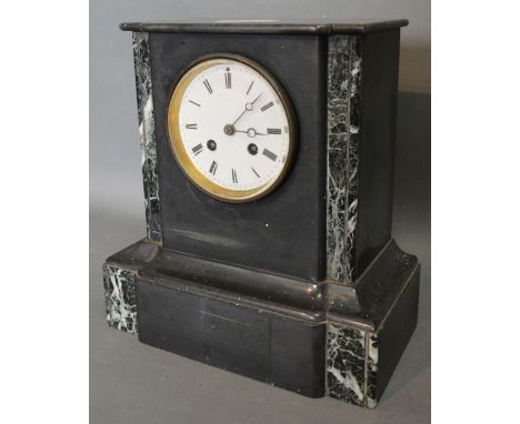 A Victorian Black Slate and Variegated Marble Mantle Clock, the enamel dial with Roman numerals and two train movement