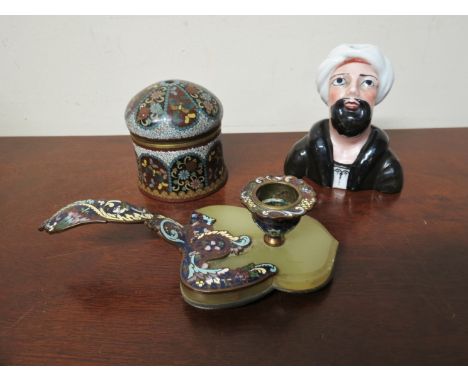 A late 19th / Early 20th Century Cloisonne lidded pot, chamber candlestick and porcelain figure (3)