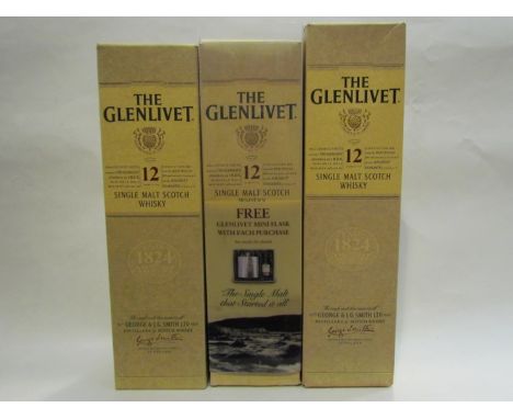 The Glenlivet 12 years old single malt scotch whisky, 70cl x 3, all boxed