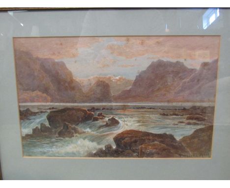 PERCIVAL HART: A watercolour of rapids beside lake, mountainous surround, signed lower-right, heavily foxed, 22.5cm x 36cm, g