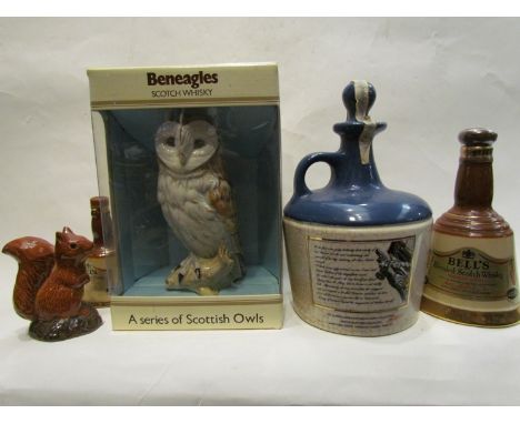 Two Bells whisky bells, Lambs Navy Rum, boxed Beswick Beneagles Scotch Whisky and Beswick Beneagles whisky miniature squirrel