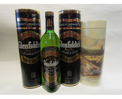 Glenfiddich Pure malt scotch whisky, 75cl x 2 in tubes, "The Coppersmiths Art" and "The Maltsman's Art", exclusive centenary 
