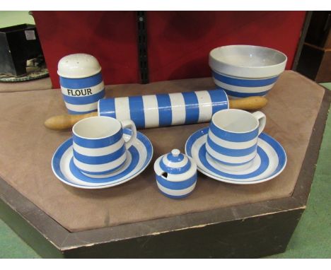 Eight pieces of blue and white T G Green to include rolling pin, mixing bowl, flour shaking etc  