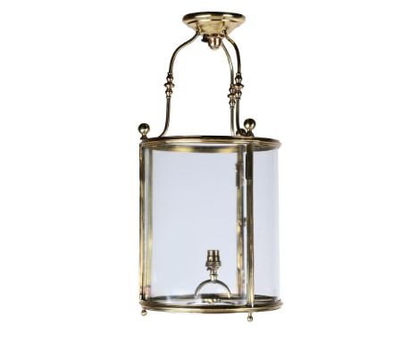 A brass cylindrical hall lantern c.1900, converted to electricity, 68cmH