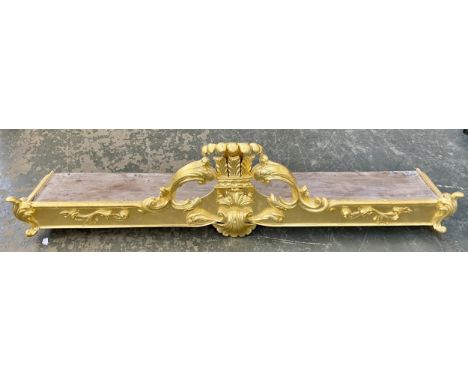 A gilt gesso pediment/pelmet with central scrolling acanthus crest, 189cmW, 32cmD, 52cmH