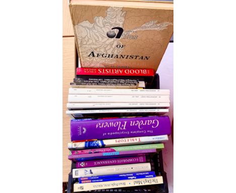 BOOKS MISCELLANEOUS. Economics, architecture, backgammon, witches, atlas of Afghanistan and others. Two boxes.