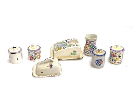 A collection of Poole pottery to include two butter dishes, four jam pots and a vase, 12cmH
