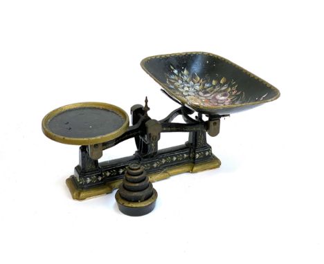 A tole ware set of kitchen scales with weights, 46cmL