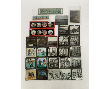 A quantity of mostly Victorian magic lanturn slides, to include 'Street Cries of London', naive painted scenes, Robinson Crus