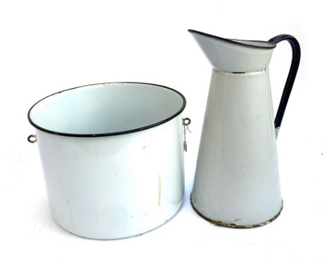 An enamel pitcher, 38cmH, and bucket