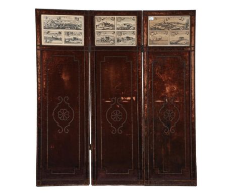 A German crimson velvet and print inset three fold screen, late 19th century, Mounted with antique architectural engravings, 