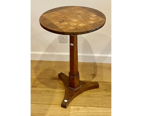 A 19th century walnut and inlaid chess table, on faceted column and triform base, 45x70cmH