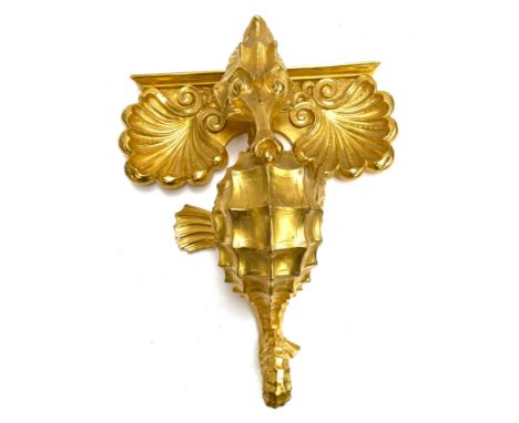 A giltwood and white marble wall bracket, formed as a seahorse (AF), approx 53cmH, 61cmW